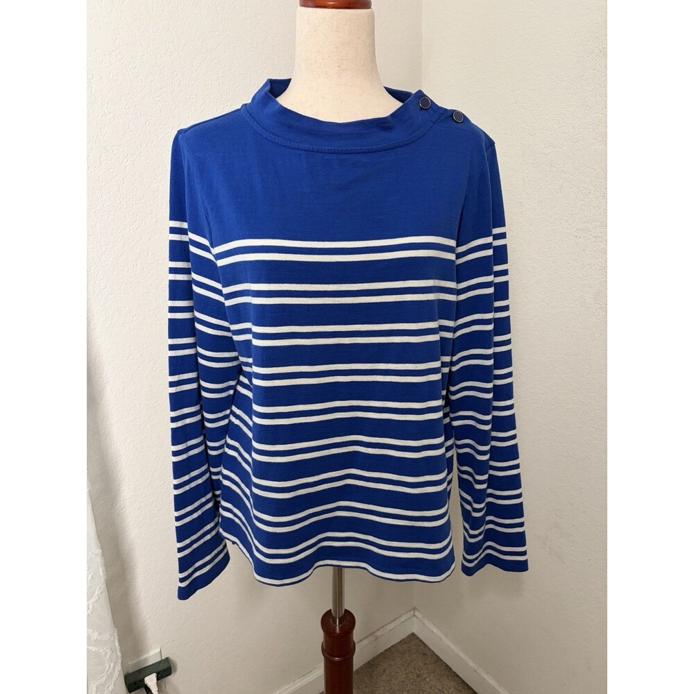 Talbots Women’s L Top Royal Blue White Stripe Mock Neck Button Shoulder Knit
